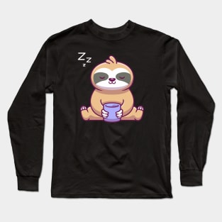 Cute Sloth Sitting And Holding Cup Cartoon Long Sleeve T-Shirt